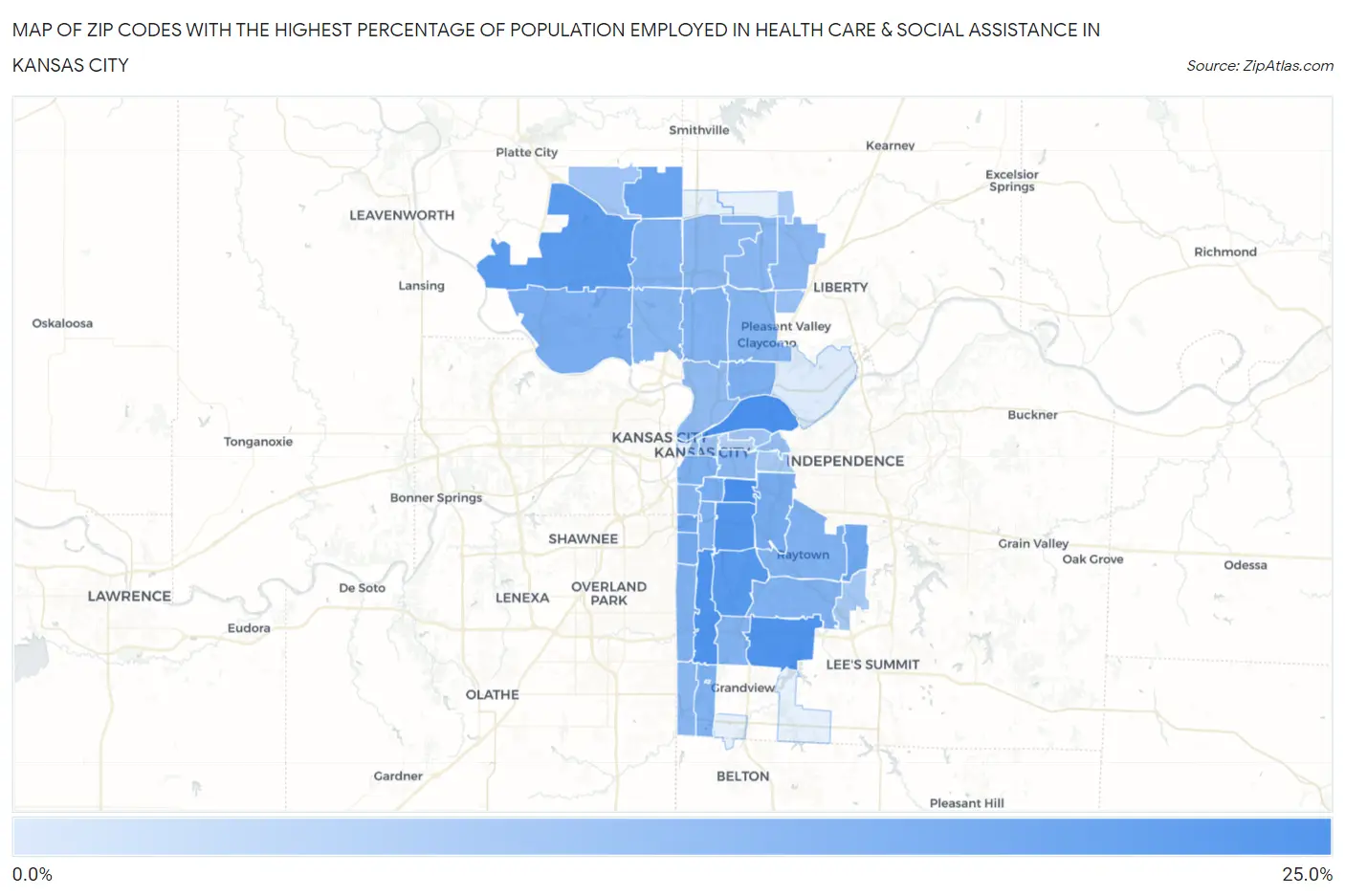 Zip Codes with the Highest Percentage of Population Employed in Health Care & Social Assistance in Kansas City Map
