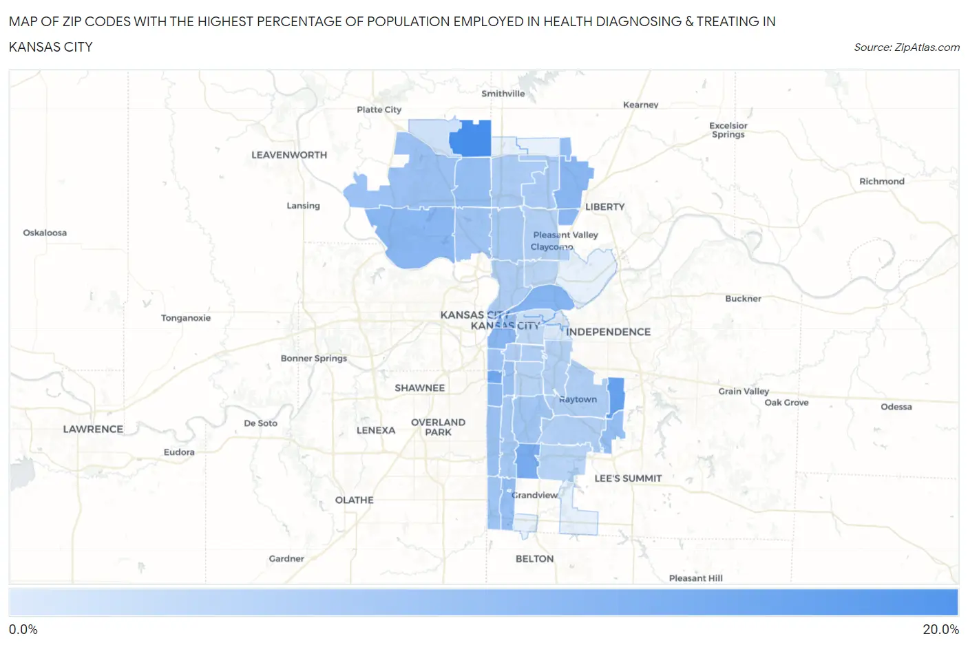 Zip Codes with the Highest Percentage of Population Employed in Health Diagnosing & Treating in Kansas City Map