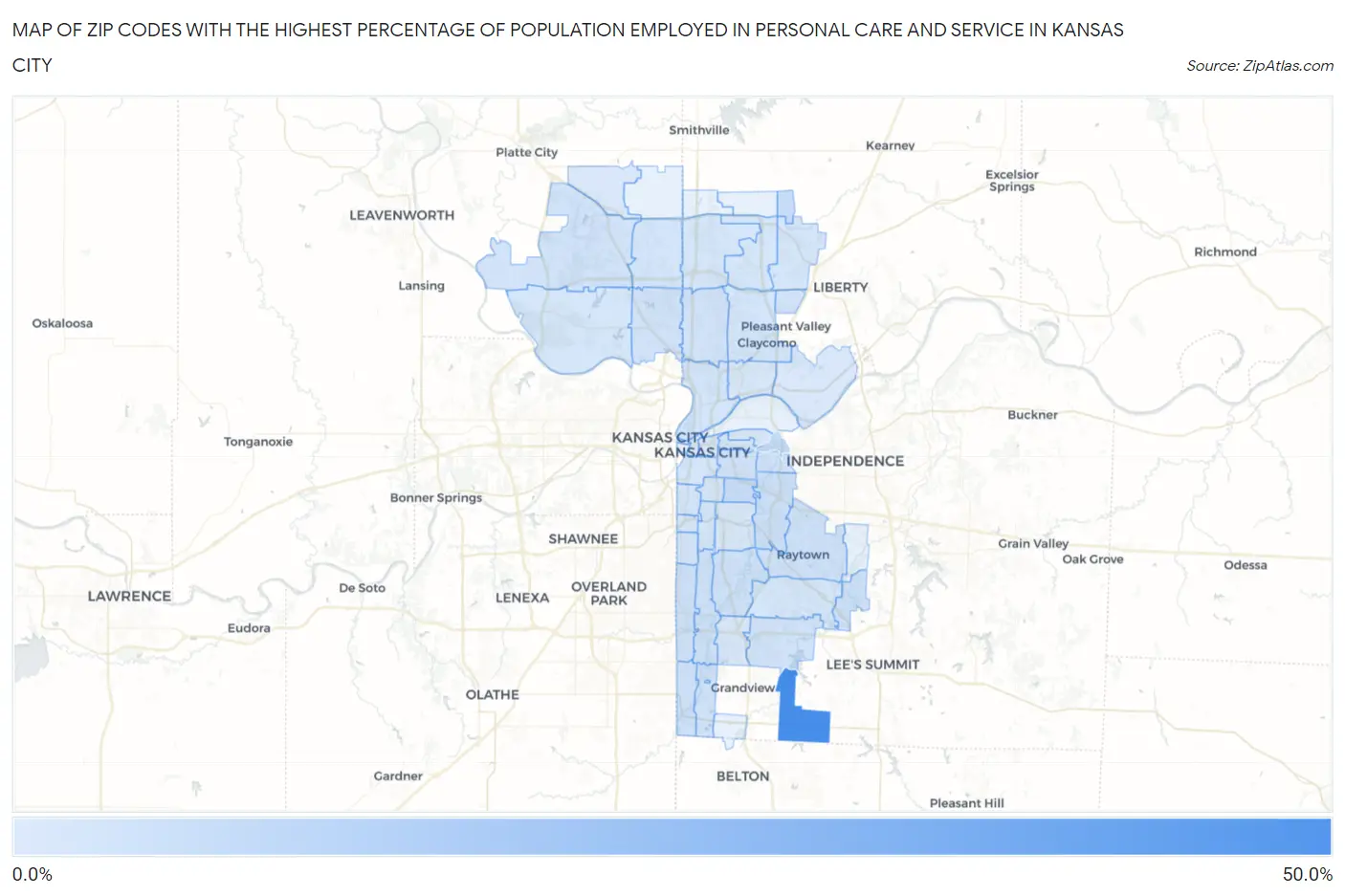 Zip Codes with the Highest Percentage of Population Employed in Personal Care and Service in Kansas City Map
