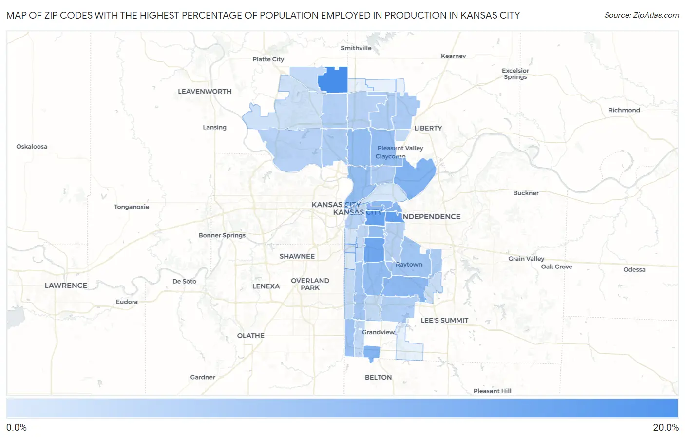 Zip Codes with the Highest Percentage of Population Employed in Production in Kansas City Map