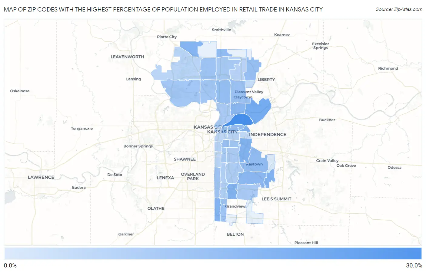 Zip Codes with the Highest Percentage of Population Employed in Retail Trade in Kansas City Map