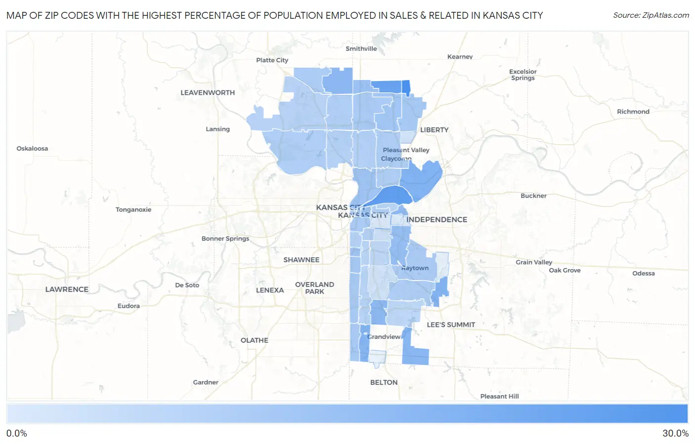 Zip Codes with the Highest Percentage of Population Employed in Sales & Related in Kansas City Map