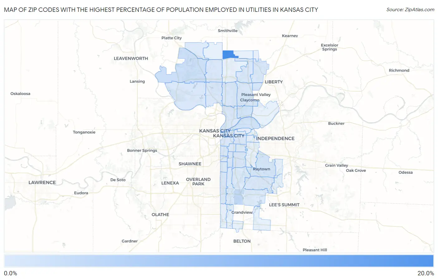 Zip Codes with the Highest Percentage of Population Employed in Utilities in Kansas City Map