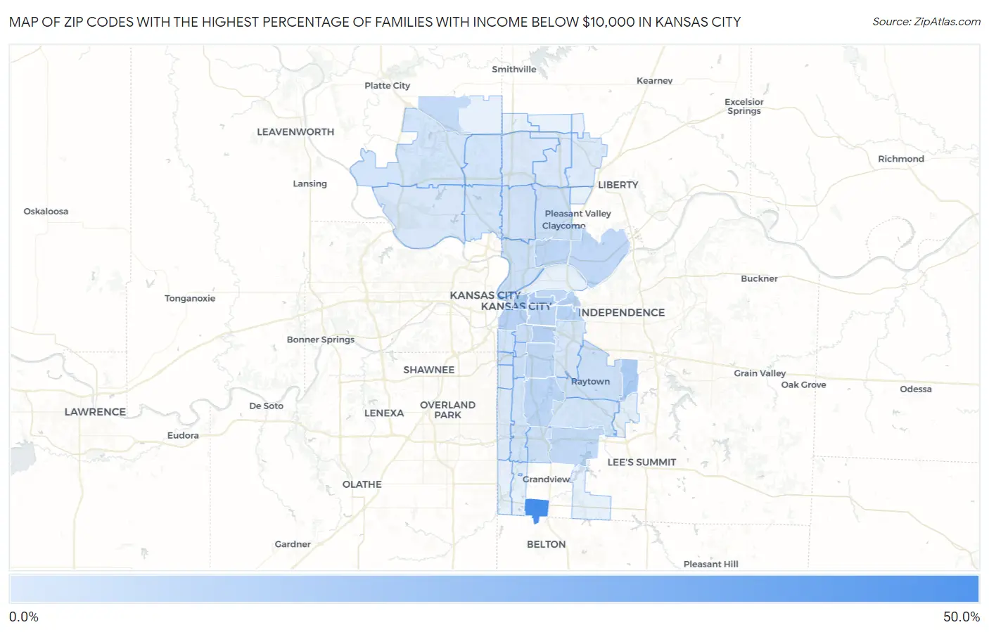 Zip Codes with the Highest Percentage of Families with Income Below $10,000 in Kansas City Map