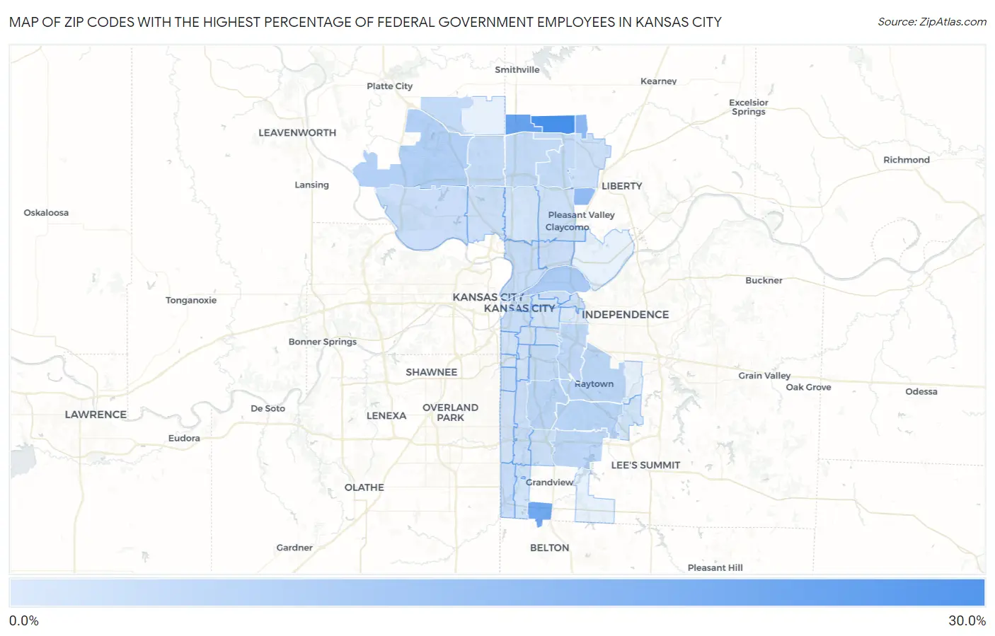 Zip Codes with the Highest Percentage of Federal Government Employees in Kansas City Map