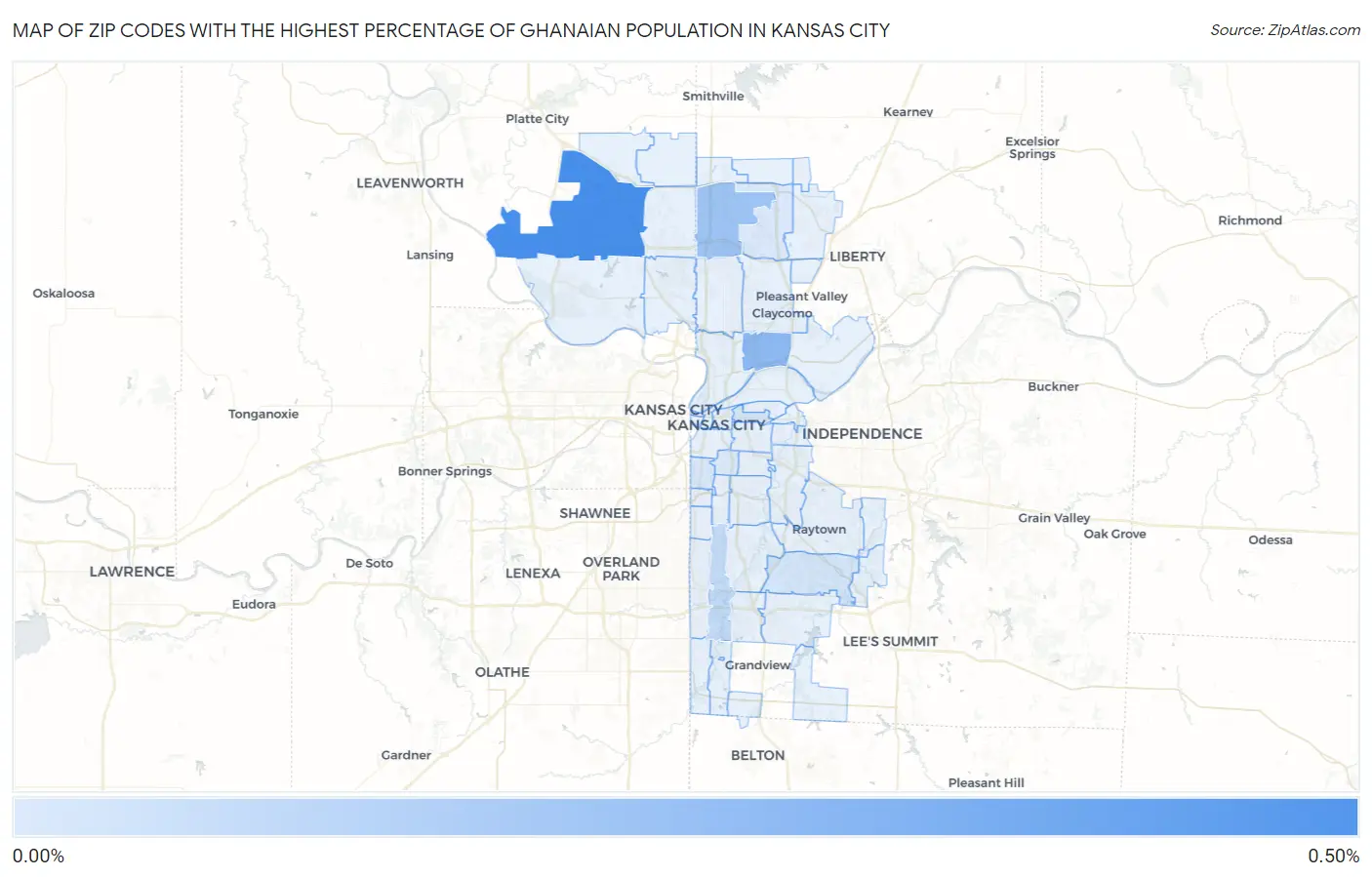 Zip Codes with the Highest Percentage of Ghanaian Population in Kansas City Map