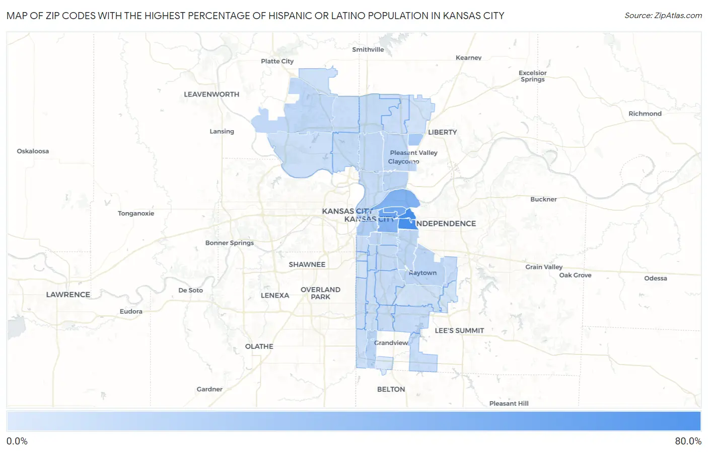 Zip Codes with the Highest Percentage of Hispanic or Latino Population in Kansas City Map