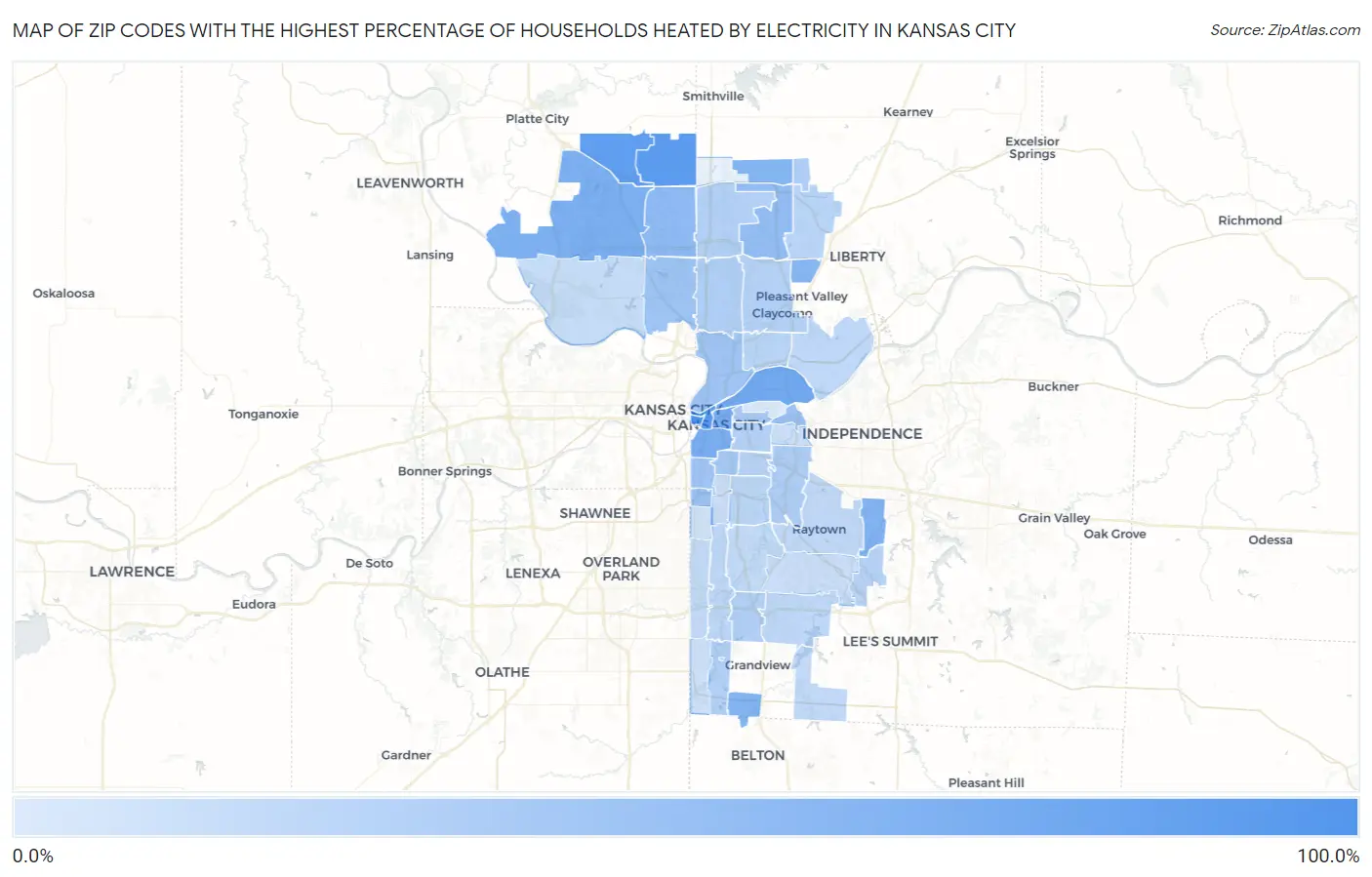 Zip Codes with the Highest Percentage of Households Heated by Electricity in Kansas City Map