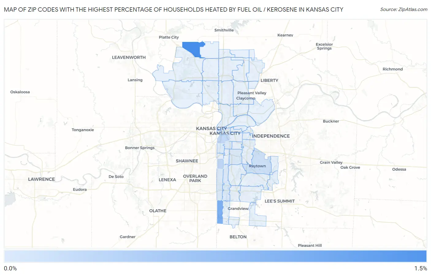 Zip Codes with the Highest Percentage of Households Heated by Fuel Oil / Kerosene in Kansas City Map