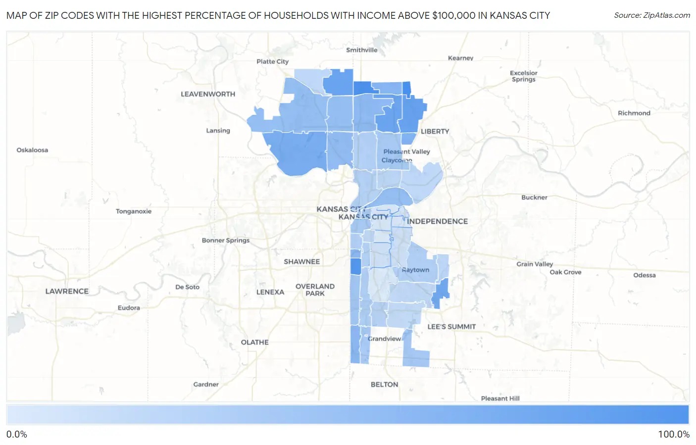 Zip Codes with the Highest Percentage of Households with Income Above $100,000 in Kansas City Map