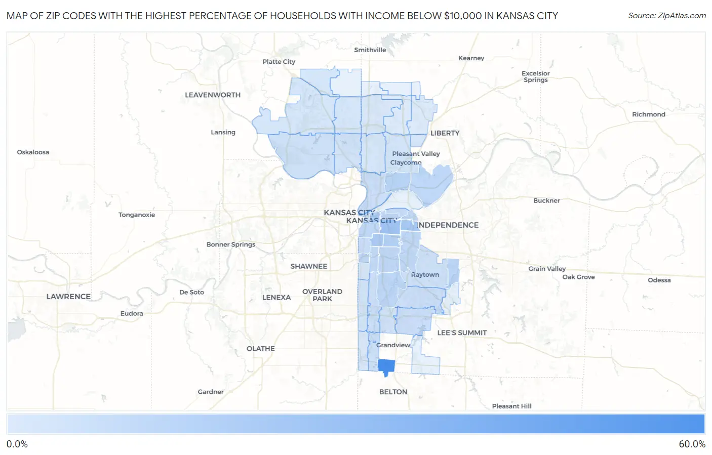 Zip Codes with the Highest Percentage of Households with Income Below $10,000 in Kansas City Map