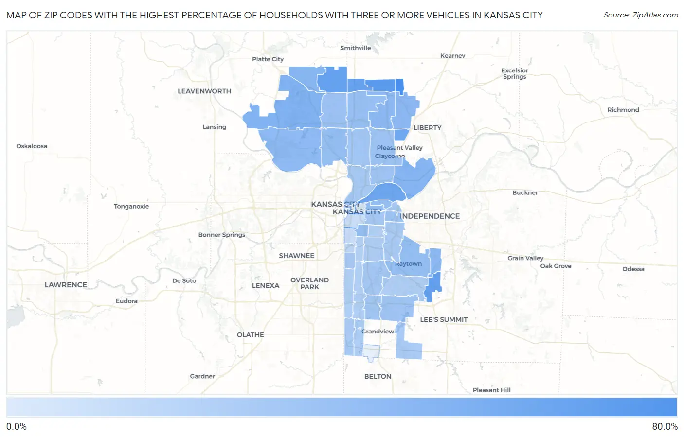 Zip Codes with the Highest Percentage of Households With Three or more Vehicles in Kansas City Map