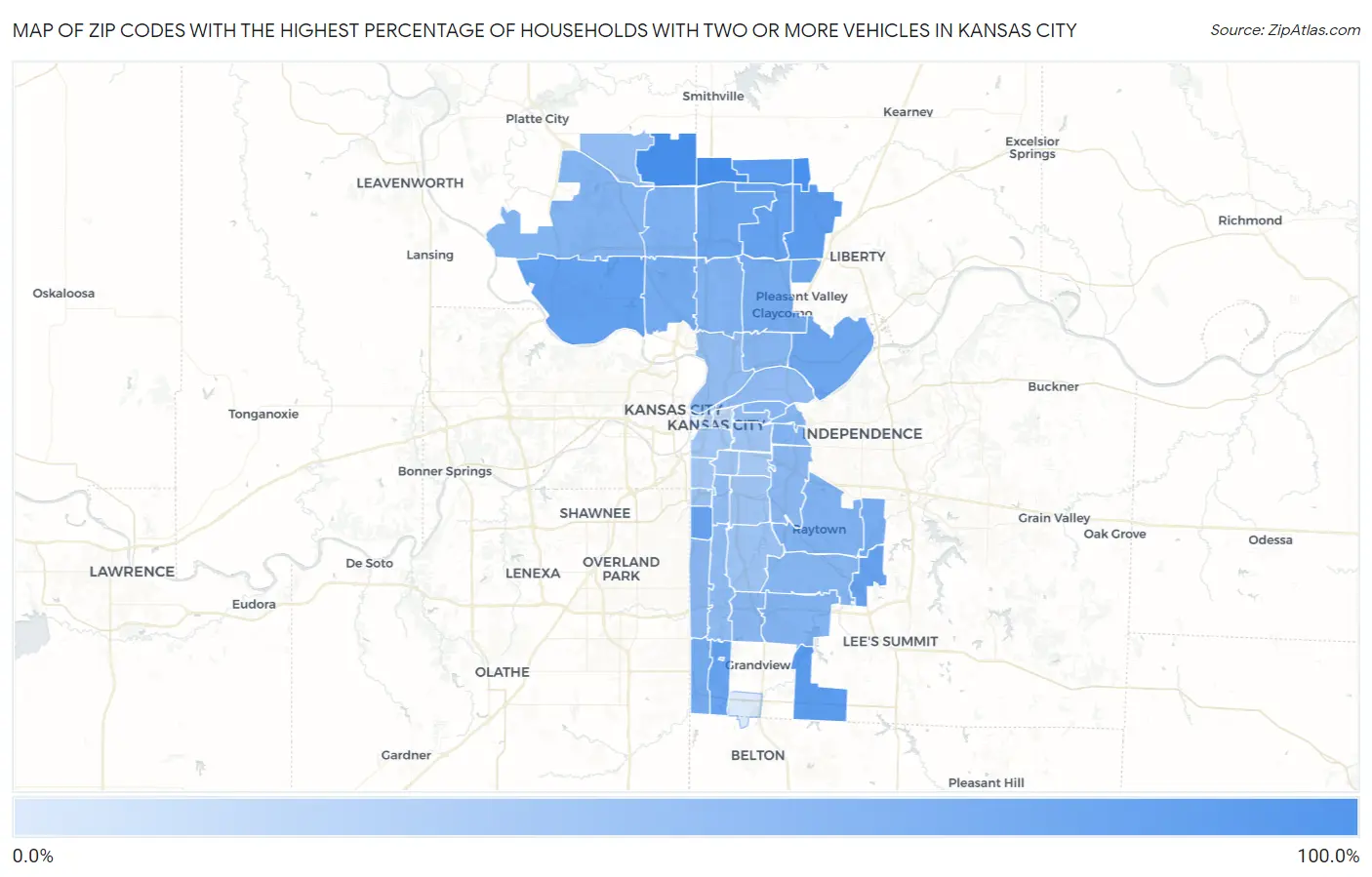 Zip Codes with the Highest Percentage of Households With Two or more Vehicles in Kansas City Map