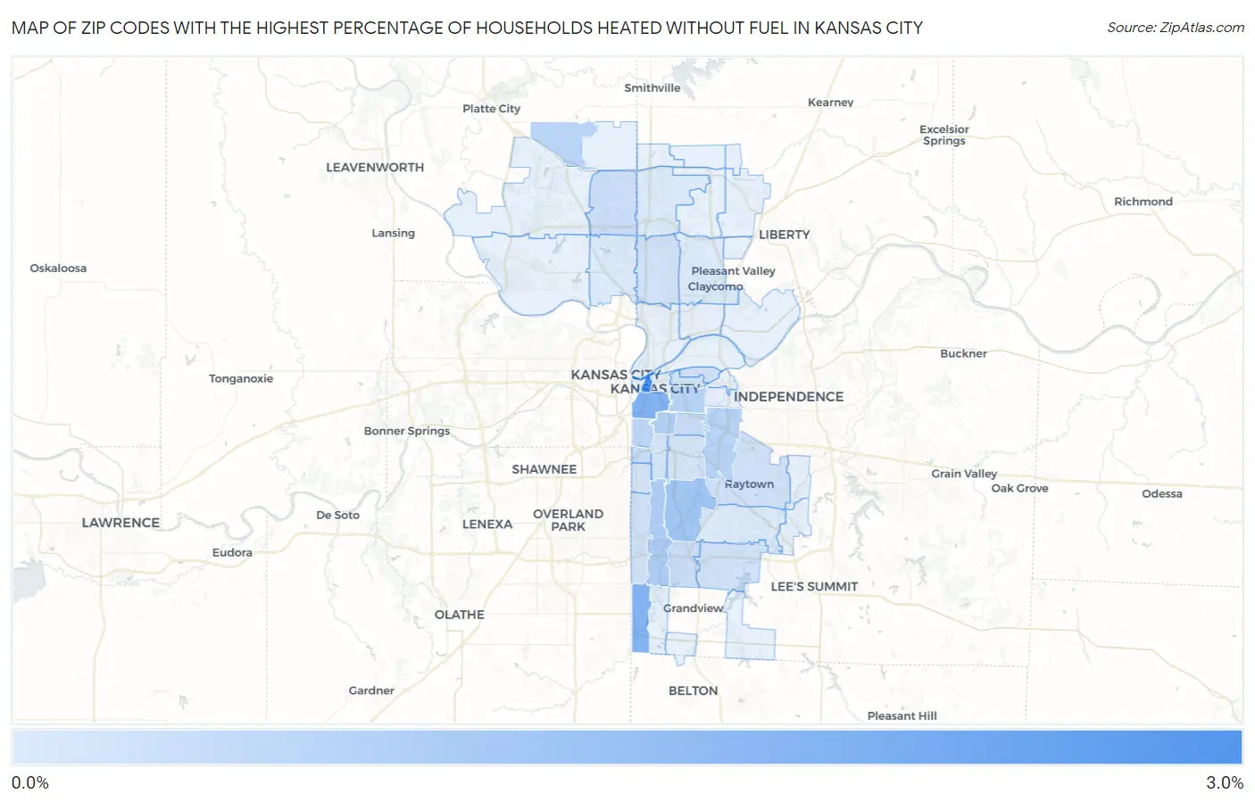 Zip Codes with the Highest Percentage of Households Heated without Fuel in Kansas City Map