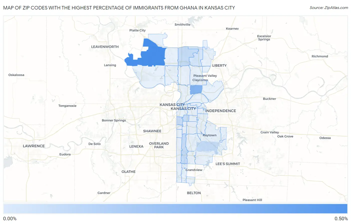 Zip Codes with the Highest Percentage of Immigrants from Ghana in Kansas City Map