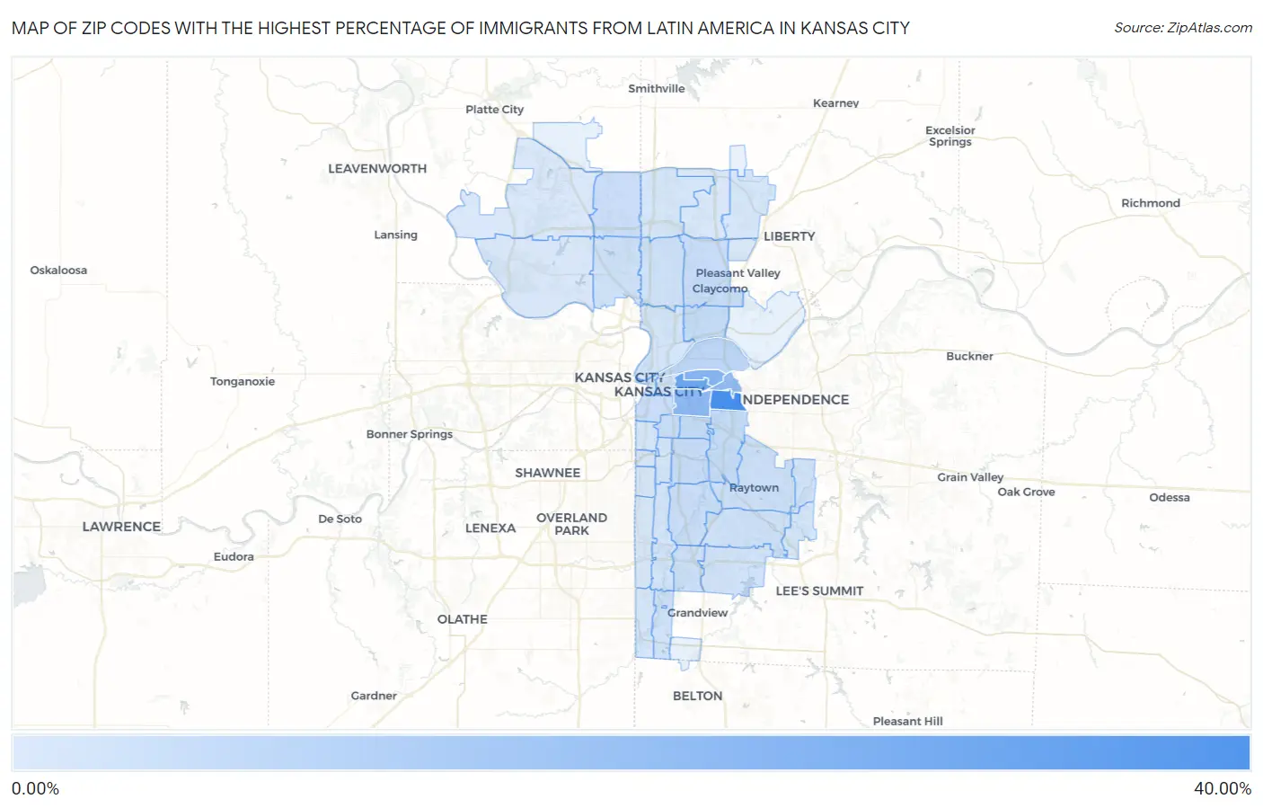 Zip Codes with the Highest Percentage of Immigrants from Latin America in Kansas City Map