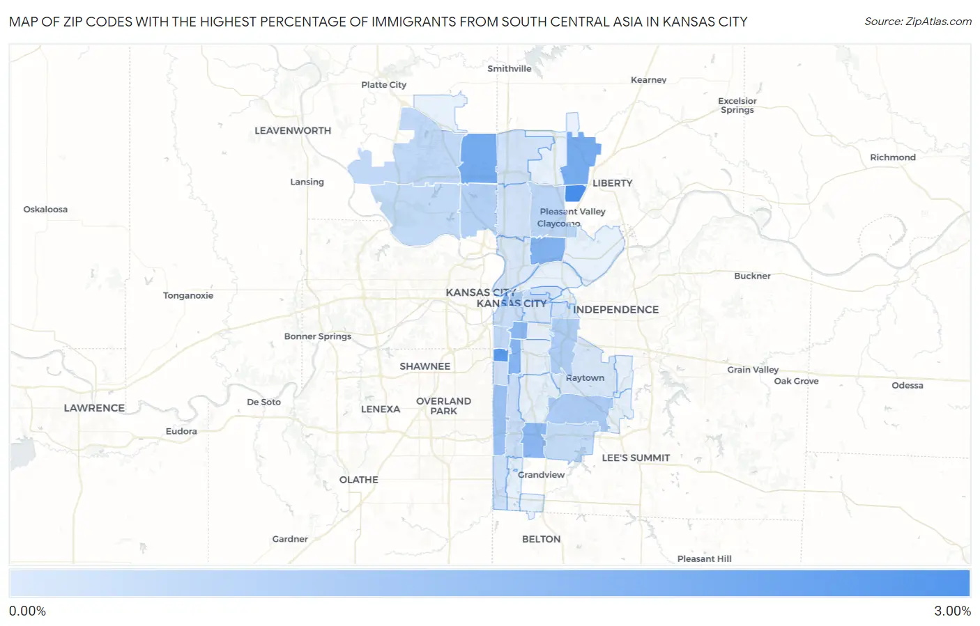Zip Codes with the Highest Percentage of Immigrants from South Central Asia in Kansas City Map