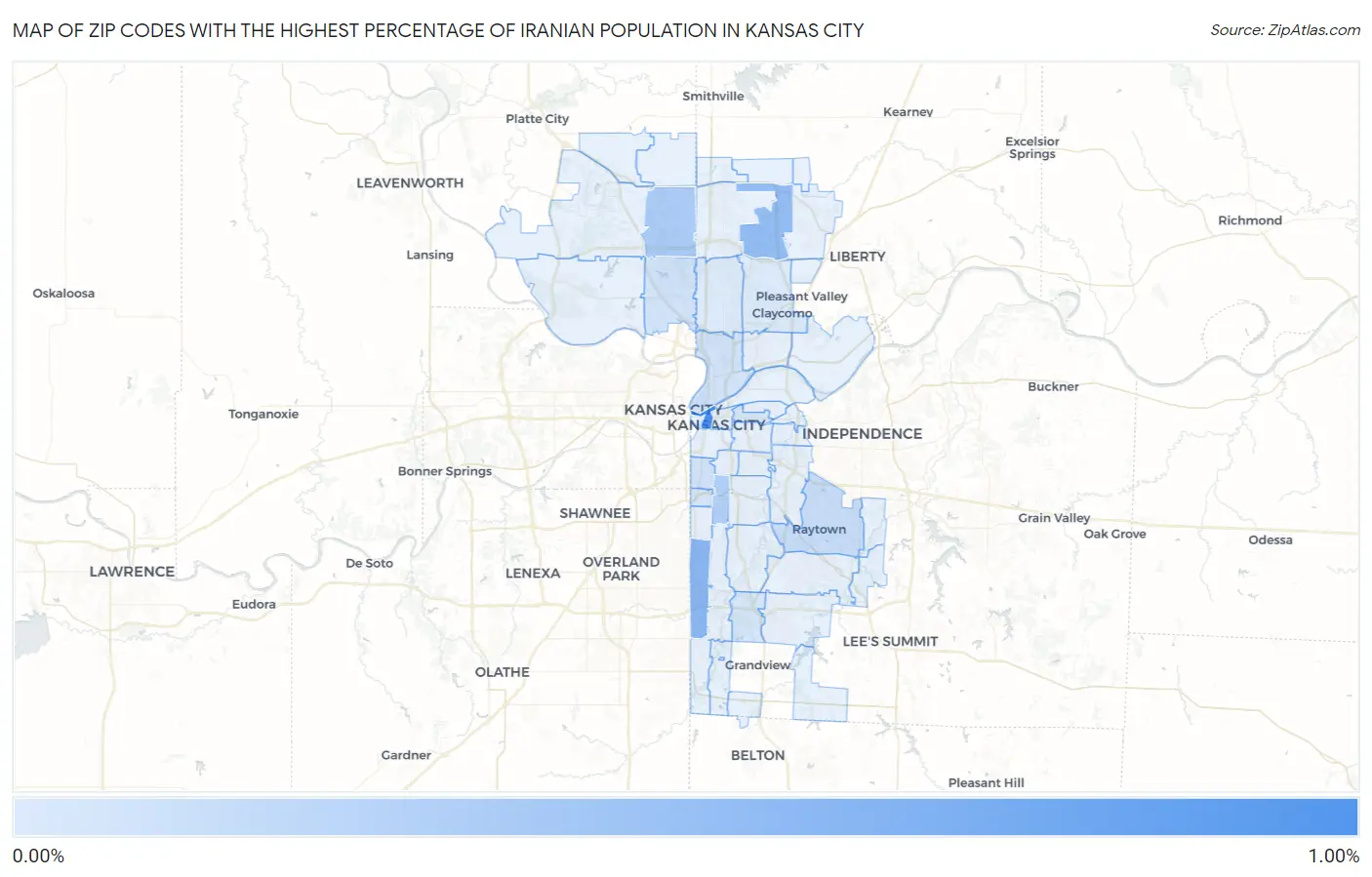 Zip Codes with the Highest Percentage of Iranian Population in Kansas City Map