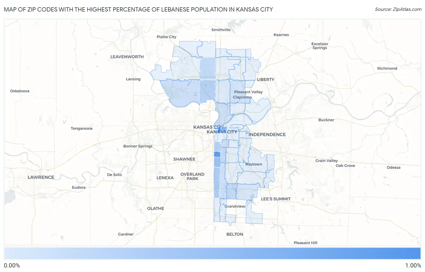 Zip Codes with the Highest Percentage of Lebanese Population in Kansas City Map