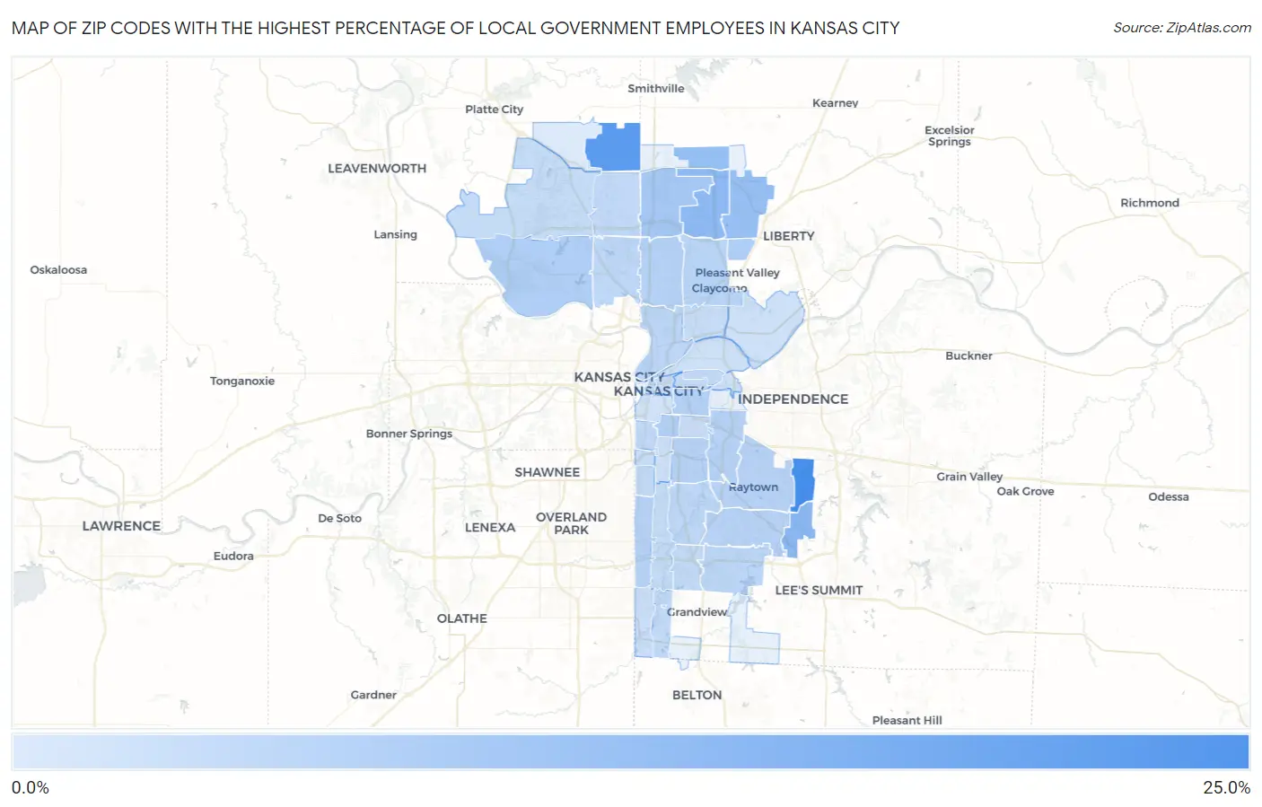 Zip Codes with the Highest Percentage of Local Government Employees in Kansas City Map