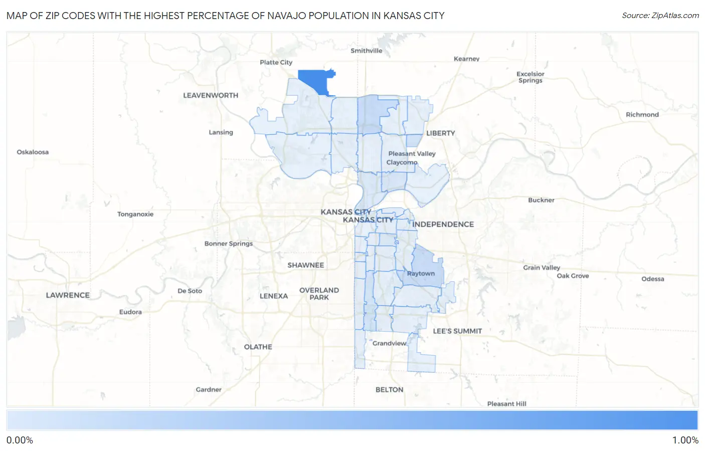 Zip Codes with the Highest Percentage of Navajo Population in Kansas City Map