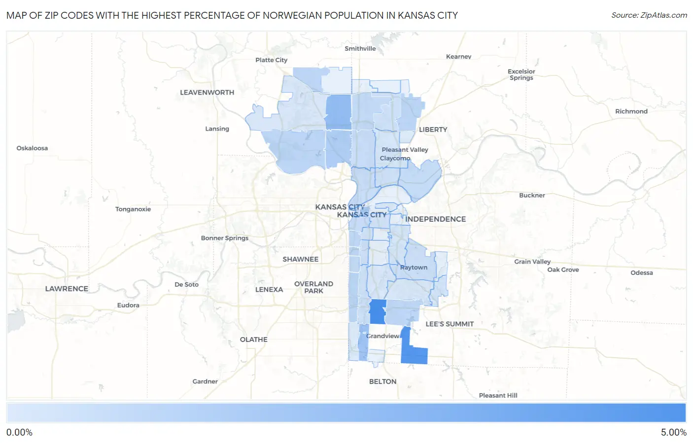 Zip Codes with the Highest Percentage of Norwegian Population in Kansas City Map