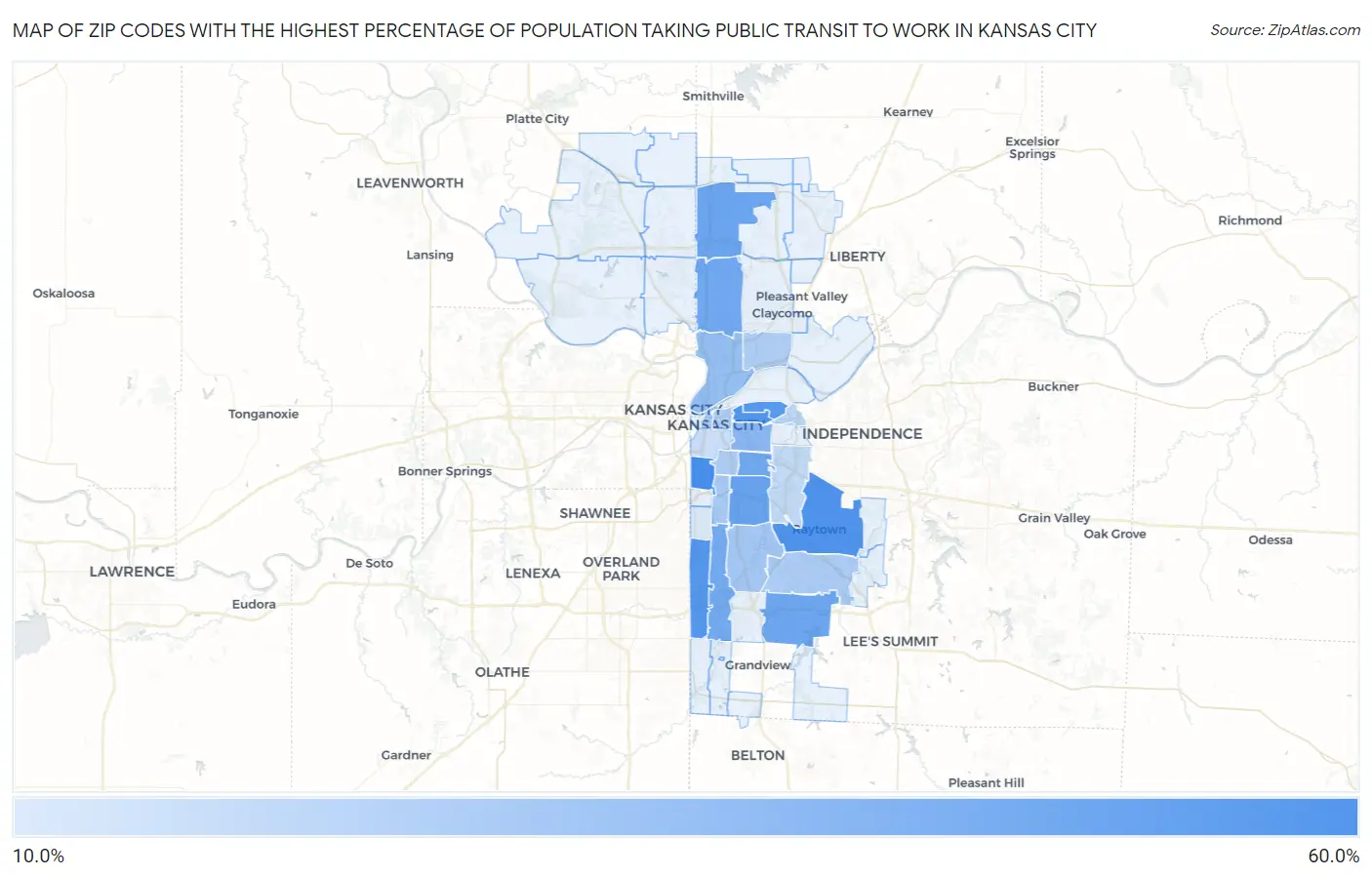 Zip Codes with the Highest Percentage of Population Taking Public Transit to Work in Kansas City Map