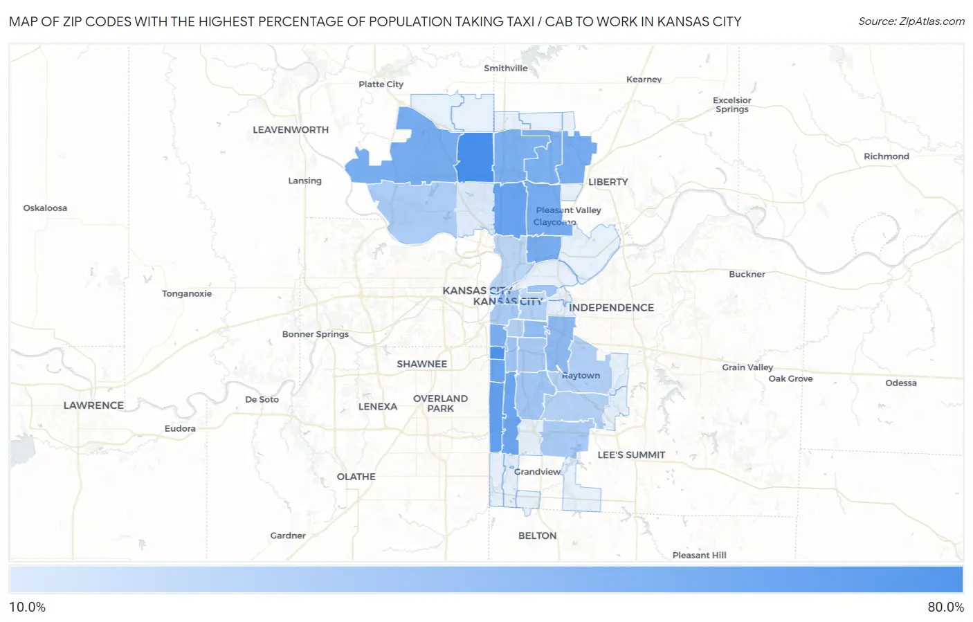 Zip Codes with the Highest Percentage of Population Taking Taxi / Cab to Work in Kansas City Map