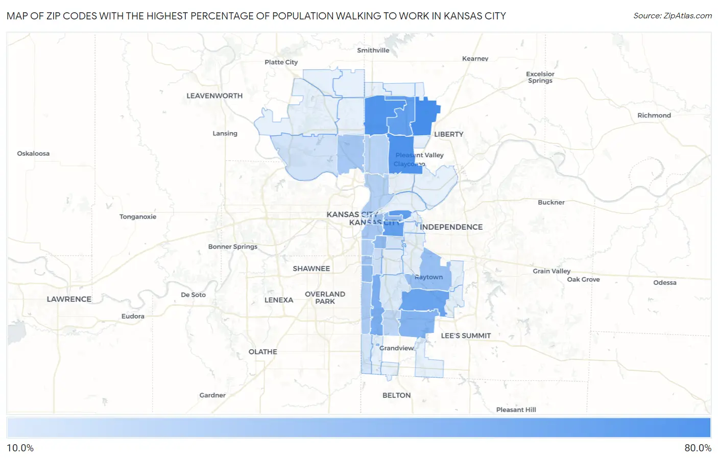 Zip Codes with the Highest Percentage of Population Walking to Work in Kansas City Map