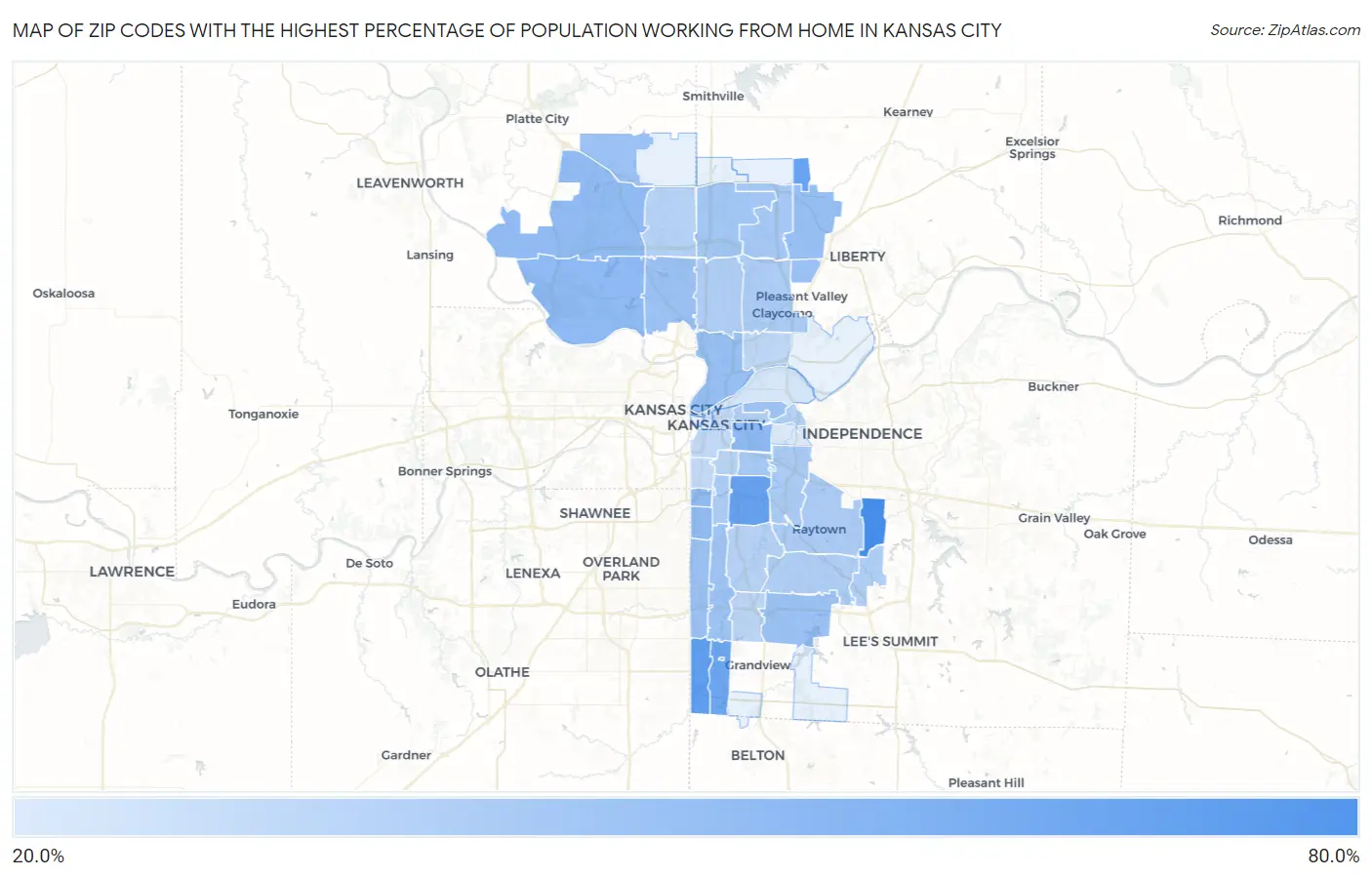 Zip Codes with the Highest Percentage of Population Working from Home in Kansas City Map
