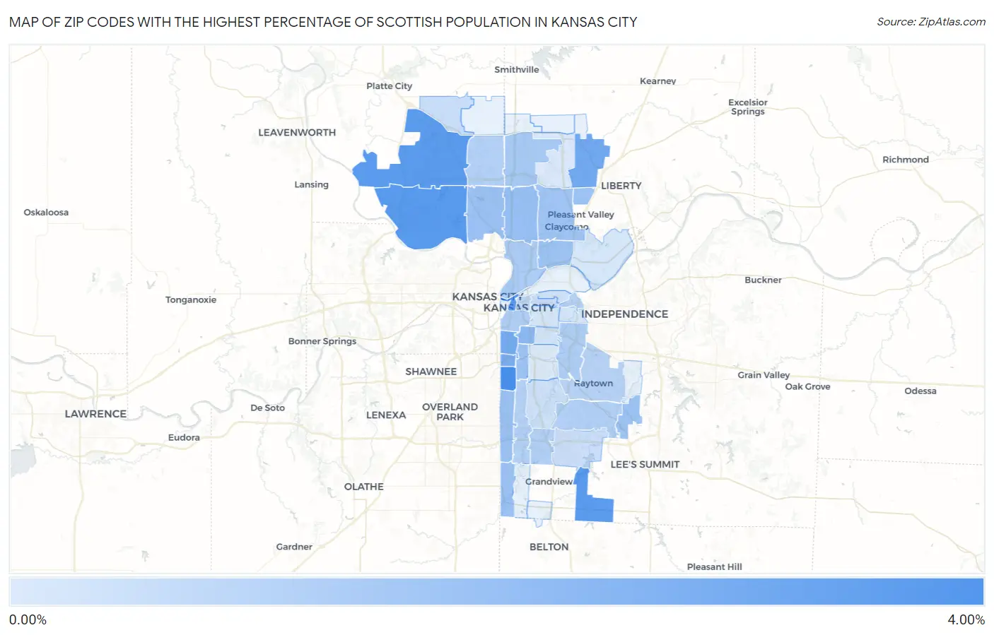 Zip Codes with the Highest Percentage of Scottish Population in Kansas City Map