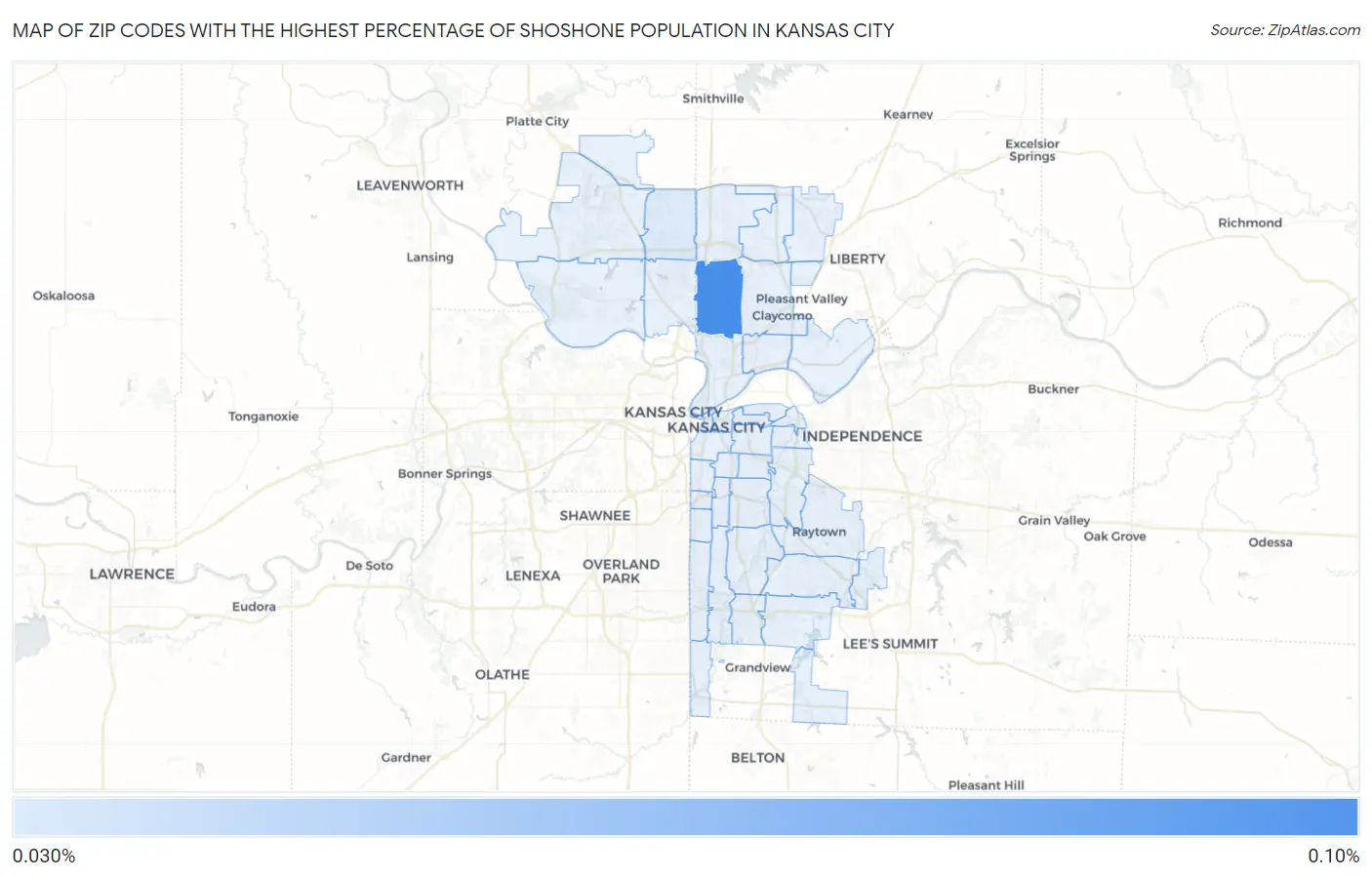Zip Codes with the Highest Percentage of Shoshone Population in Kansas City Map