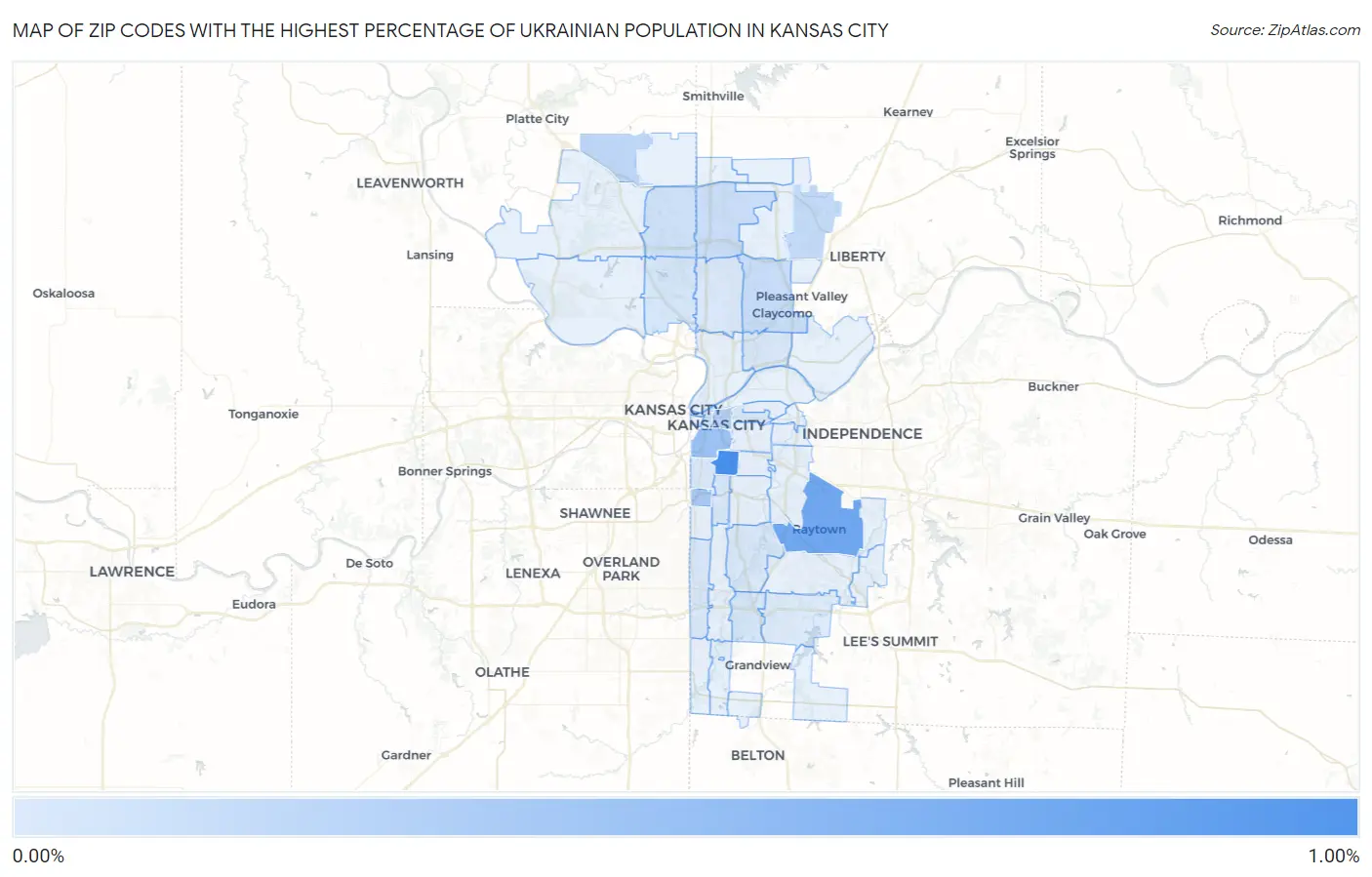 Zip Codes with the Highest Percentage of Ukrainian Population in Kansas City Map