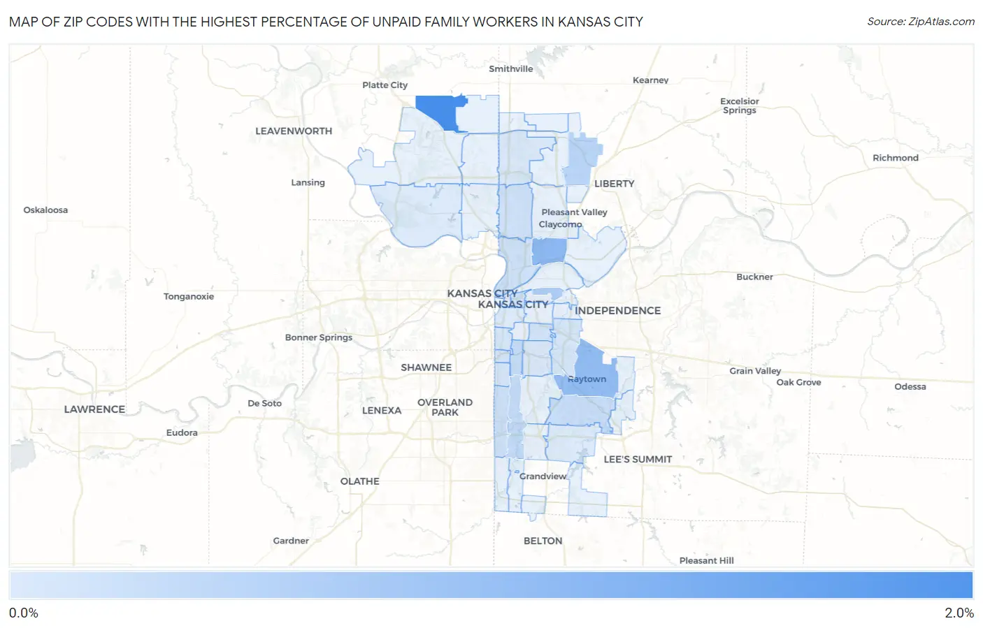 Zip Codes with the Highest Percentage of Unpaid Family Workers in Kansas City Map