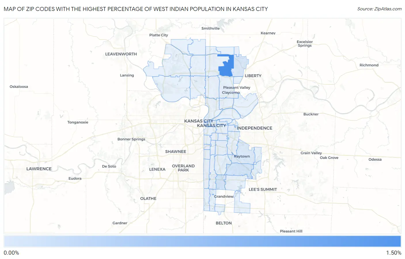 Zip Codes with the Highest Percentage of West Indian Population in Kansas City Map