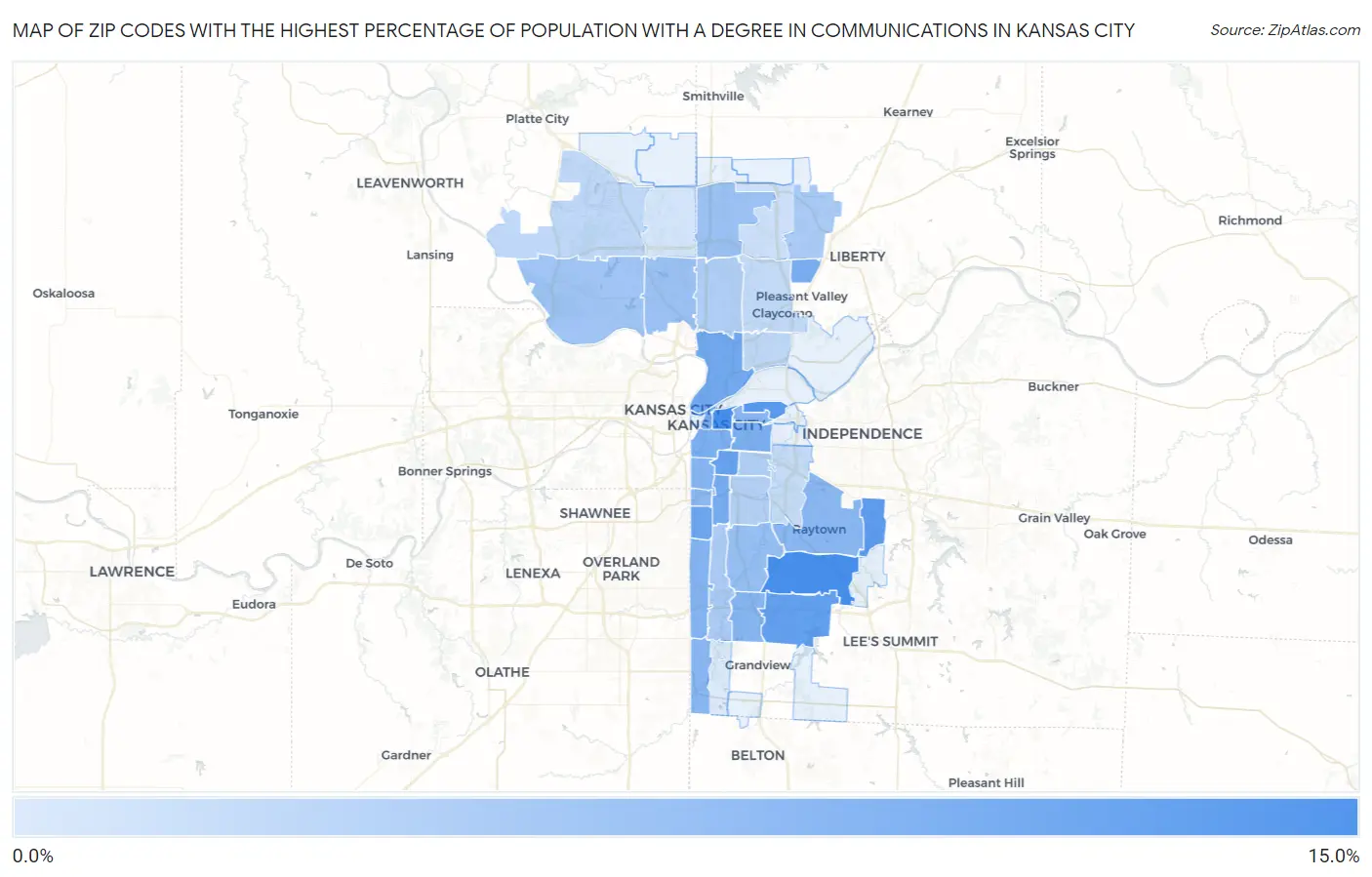 Zip Codes with the Highest Percentage of Population with a Degree in Communications in Kansas City Map