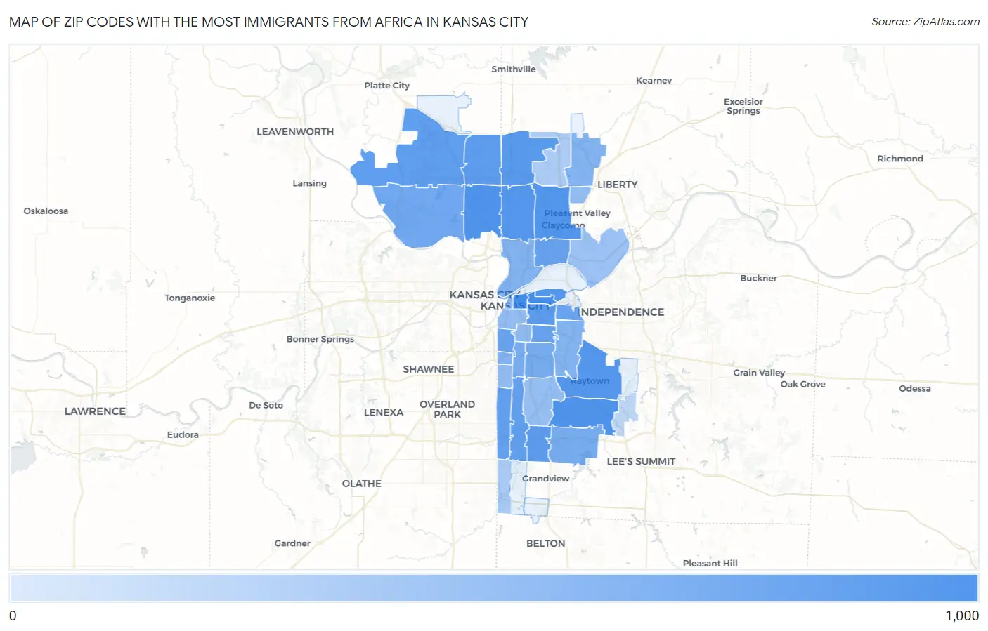 Zip Codes with the Most Immigrants from Africa in Kansas City Map