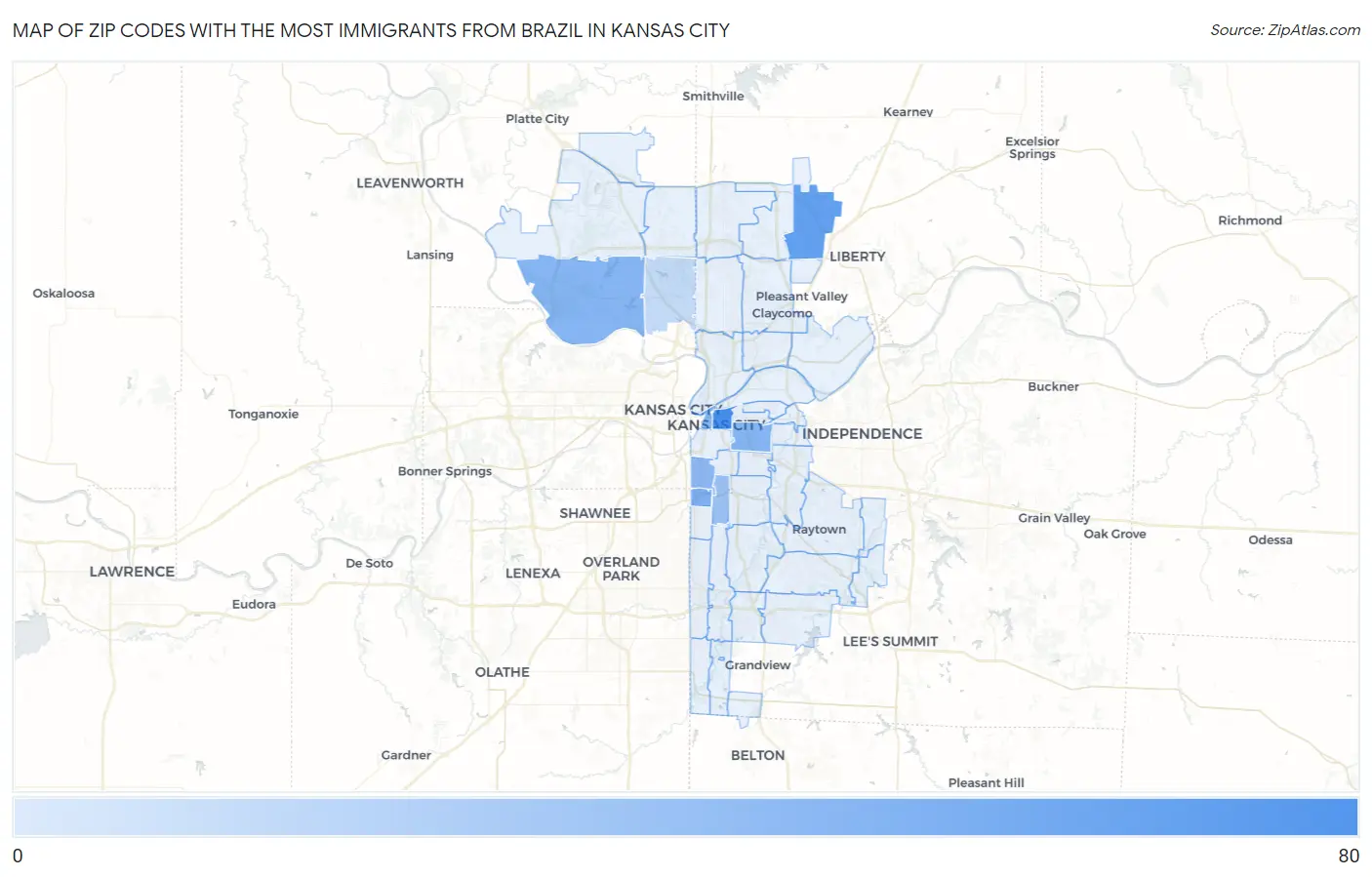 Zip Codes with the Most Immigrants from Brazil in Kansas City Map