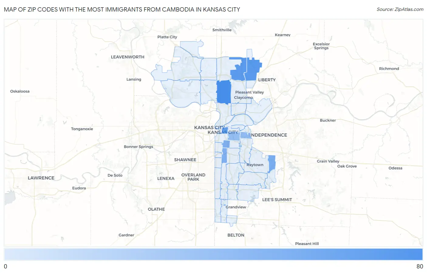 Zip Codes with the Most Immigrants from Cambodia in Kansas City Map