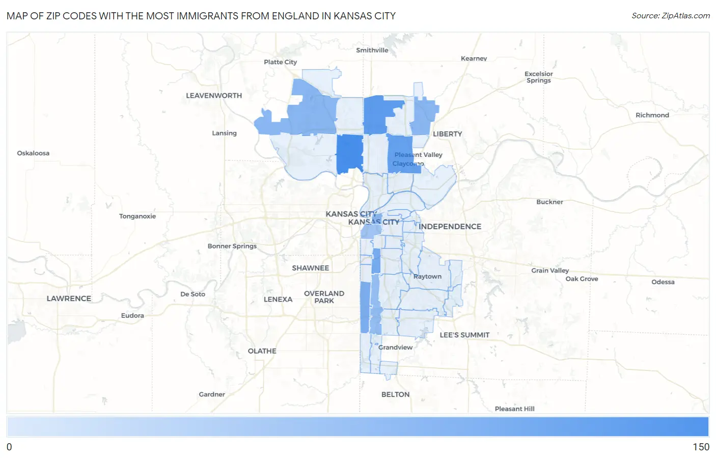 Zip Codes with the Most Immigrants from England in Kansas City Map
