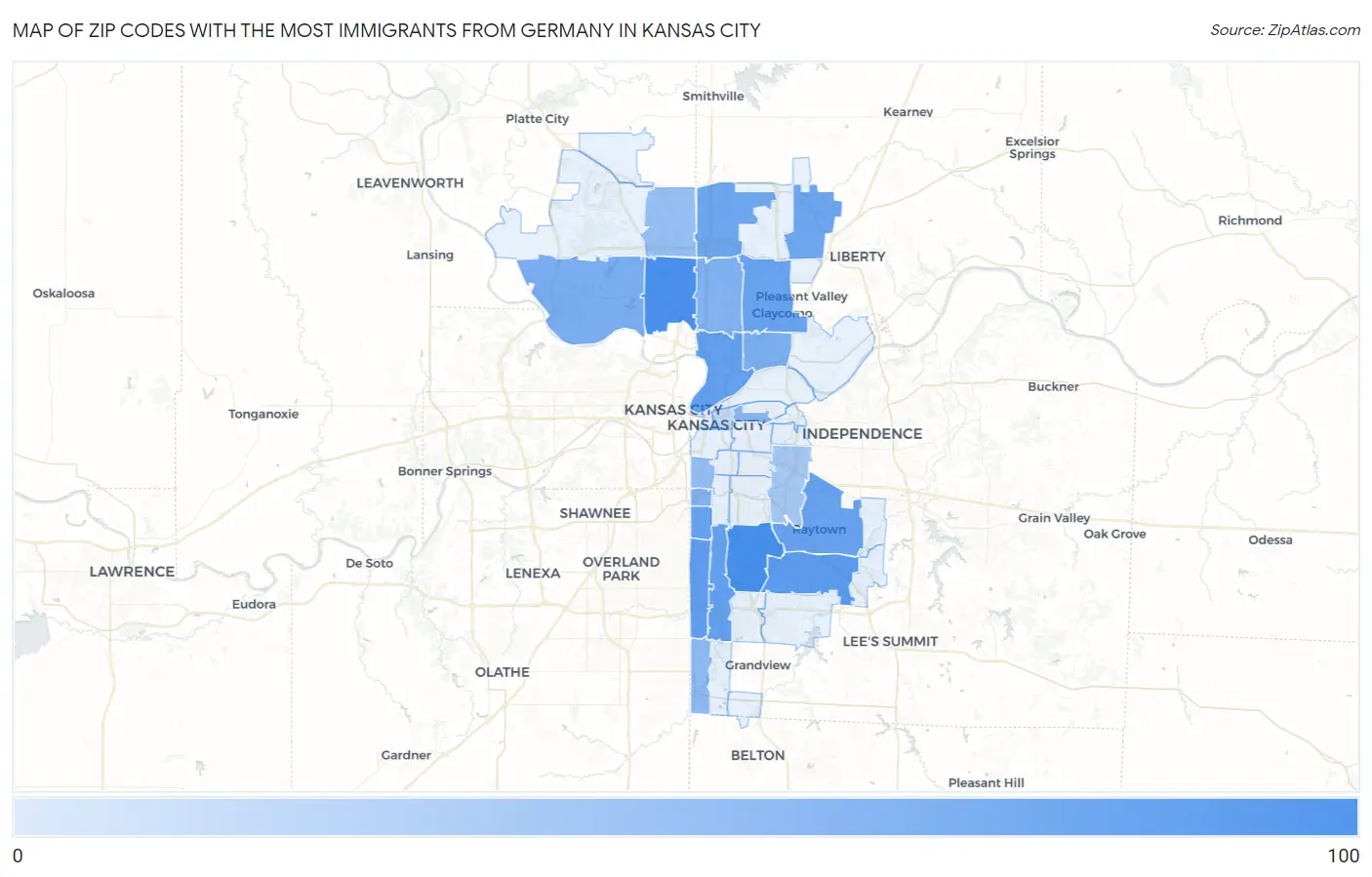 Zip Codes with the Most Immigrants from Germany in Kansas City Map