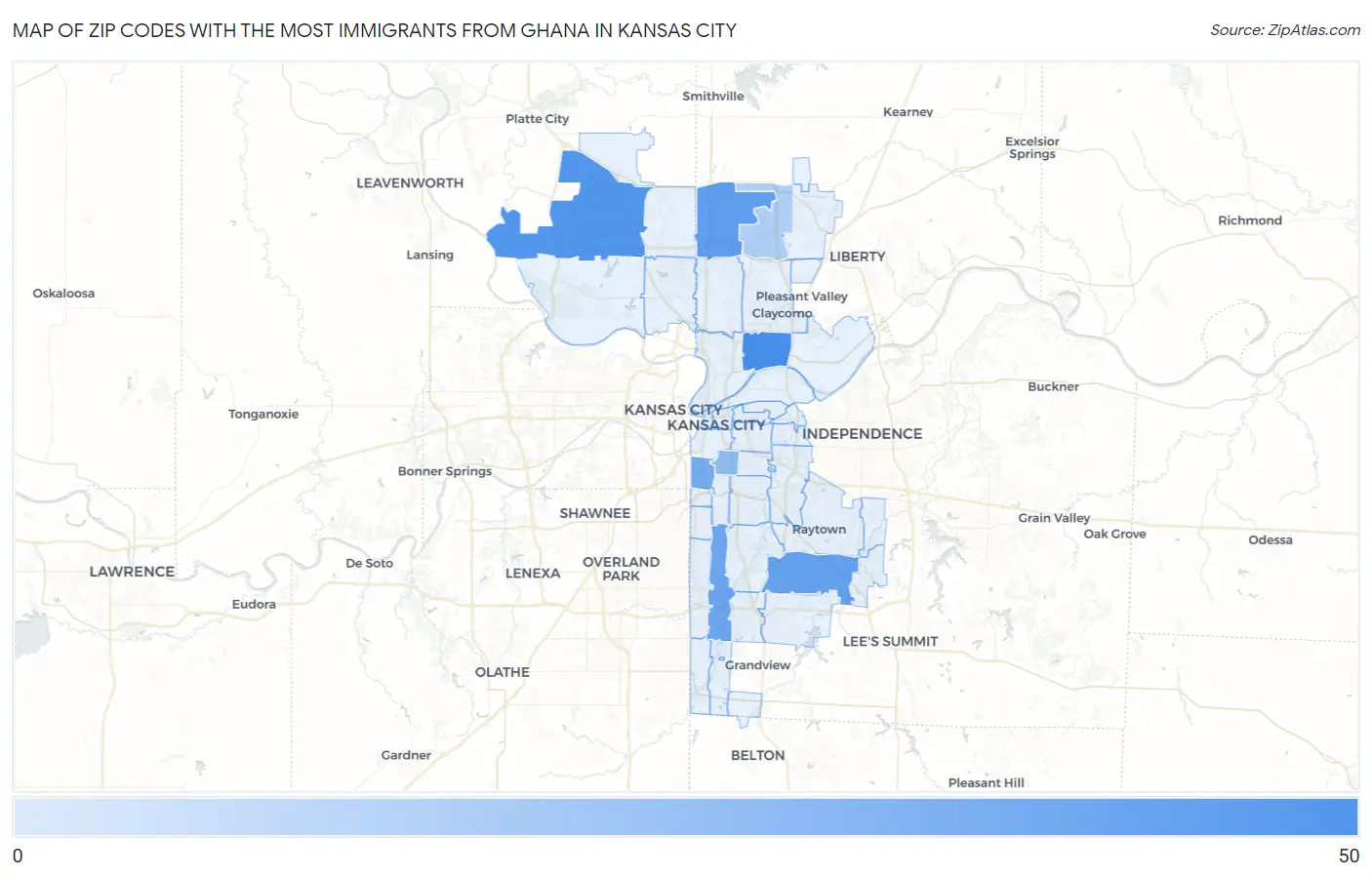 Zip Codes with the Most Immigrants from Ghana in Kansas City Map