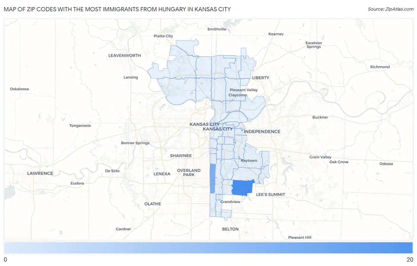 Zip Codes with the Most Immigrants from Hungary in Kansas City Map