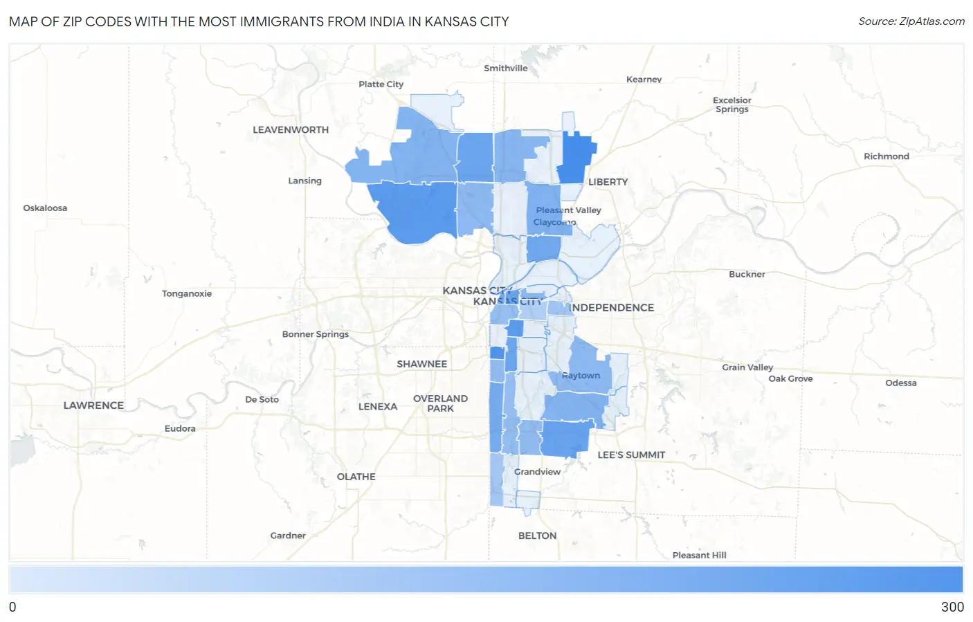 Zip Codes with the Most Immigrants from India in Kansas City Map