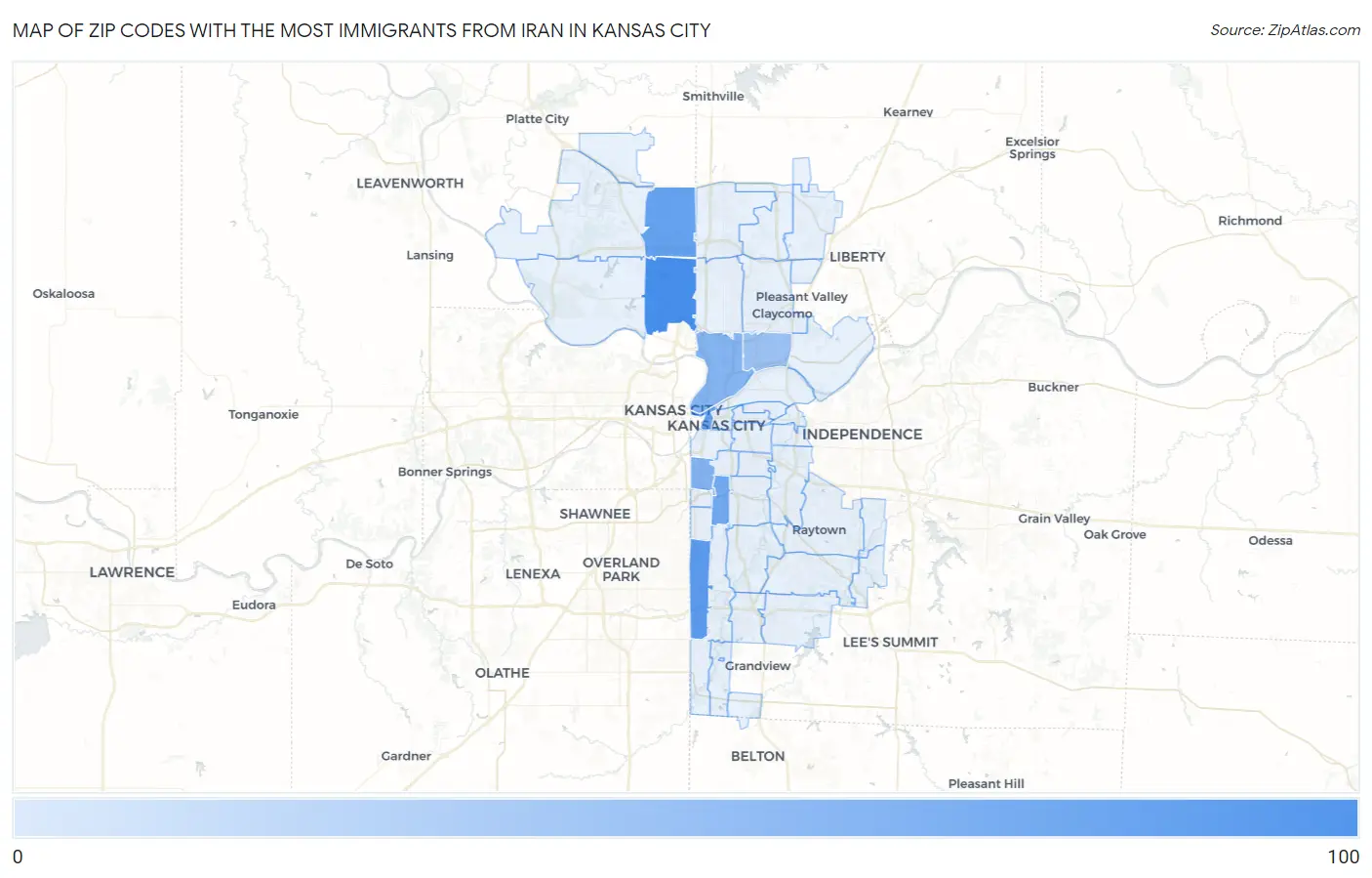 Zip Codes with the Most Immigrants from Iran in Kansas City Map