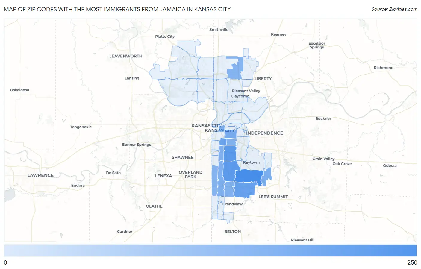 Zip Codes with the Most Immigrants from Jamaica in Kansas City Map