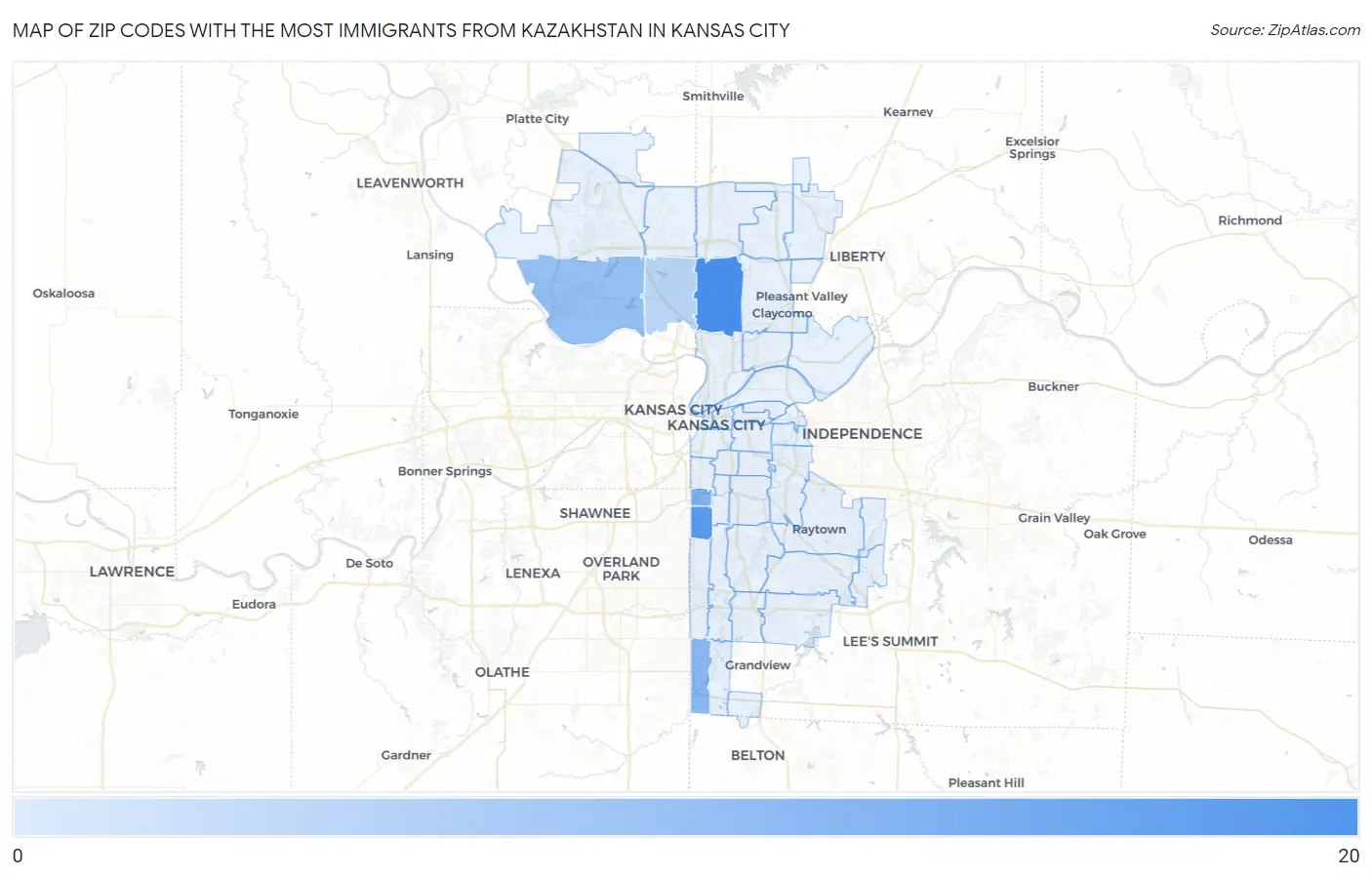 Zip Codes with the Most Immigrants from Kazakhstan in Kansas City Map
