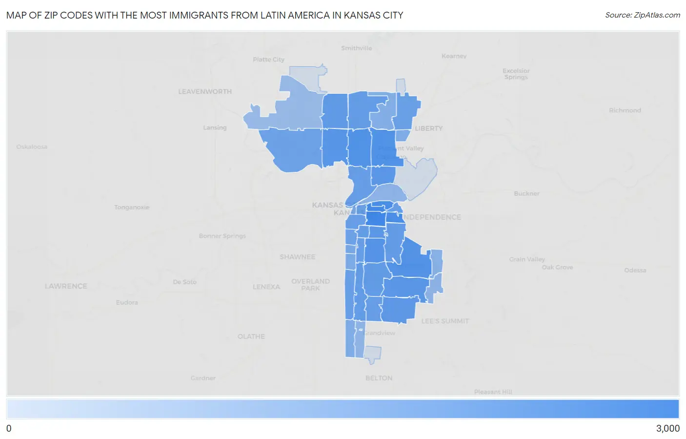 Zip Codes with the Most Immigrants from Latin America in Kansas City Map