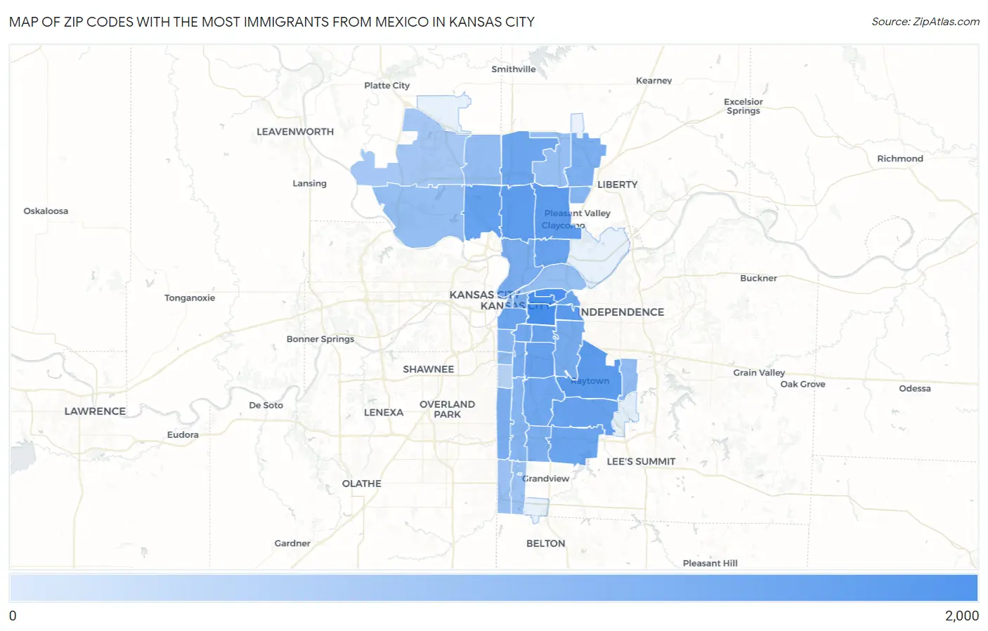 Zip Codes with the Most Immigrants from Mexico in Kansas City Map