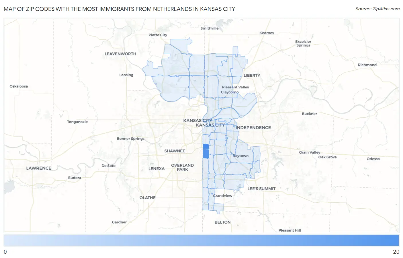 Zip Codes with the Most Immigrants from Netherlands in Kansas City Map